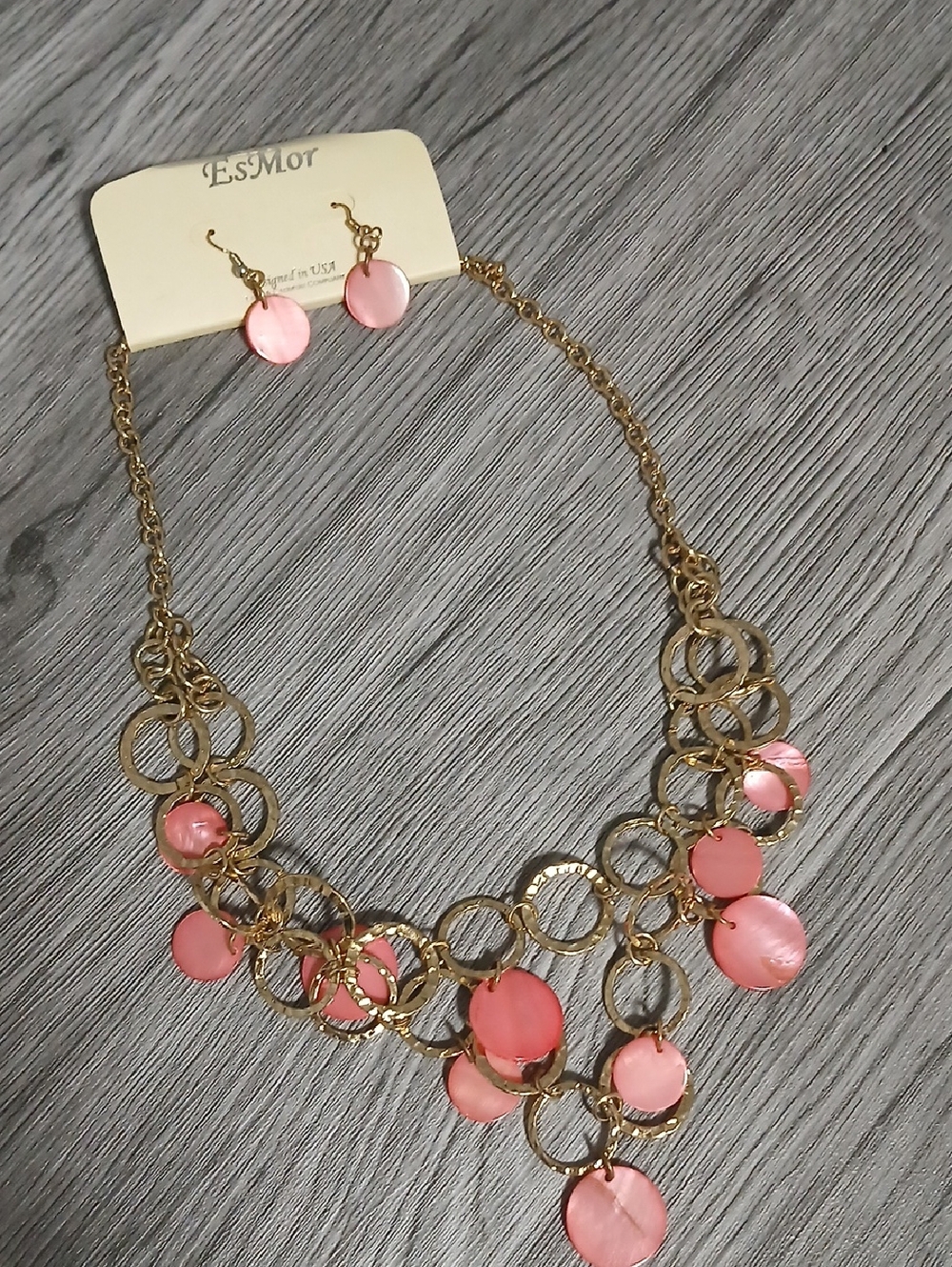 Gold Necklace And Earring Set With Peachy Pink Pendants